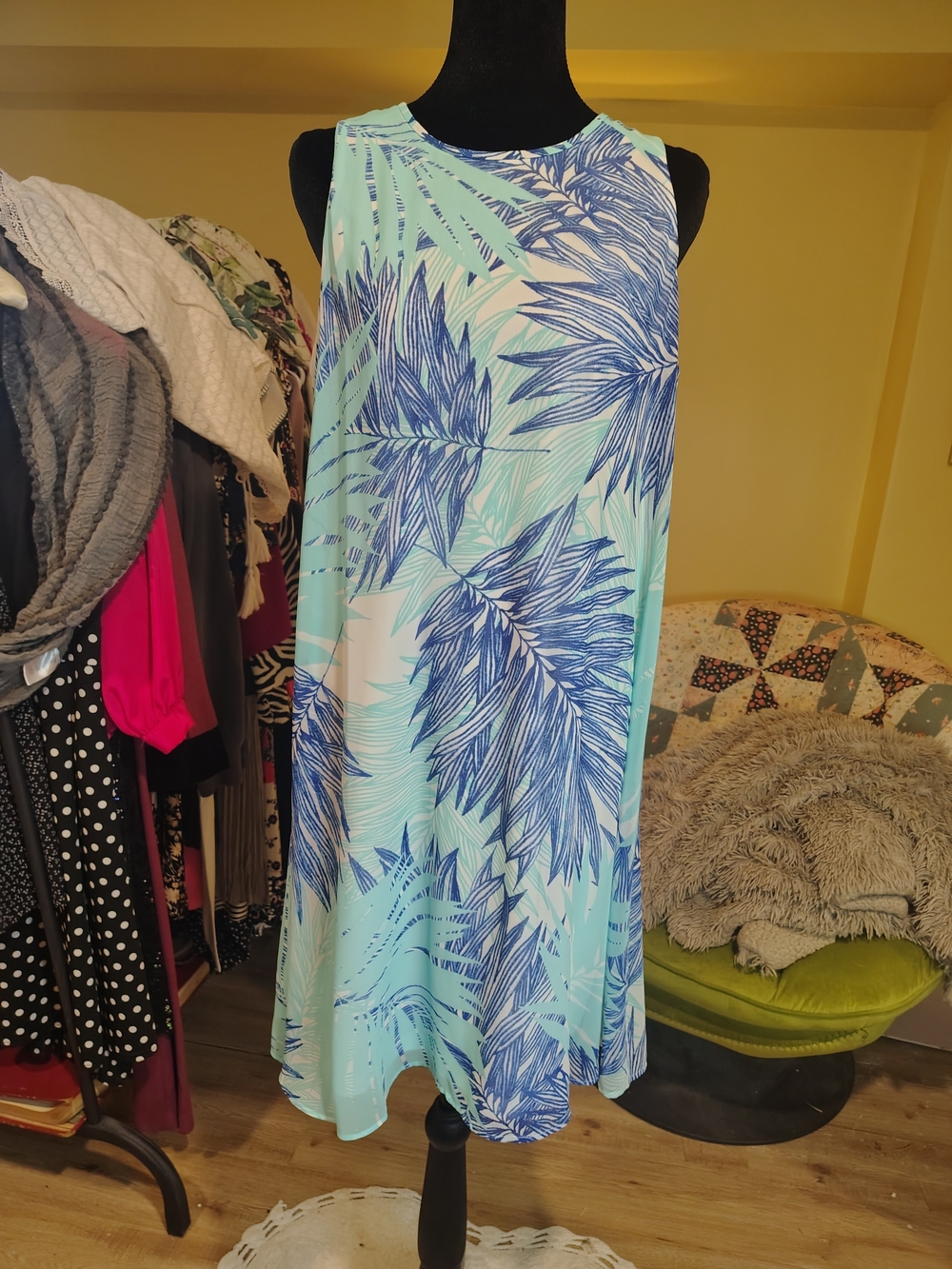 Calvin Klein Aqua and Navy Palm-Print Midi Dress